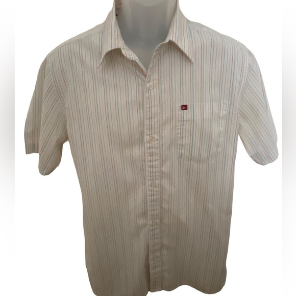 QUIKSILVER Blue & Orange Stripes Collared Short Sleeve Shirt Men L Large - Picture 1 of 7